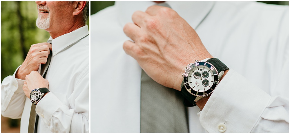 flowery branch wedding photographer takes pictures of the groom getting ready at Juliette Chapel, a wedding venue in Dahlonega, Ga, hidden wooded wedding venue 