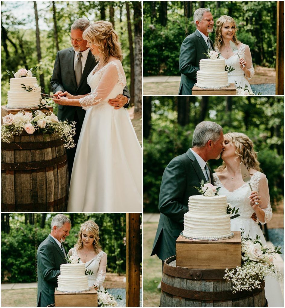 flowery branch wedding photographer takes pictures of the wedding cake at Juliette Chapel, a wedding venue in Dahlonega, Ga, hidden wooded wedding venue 