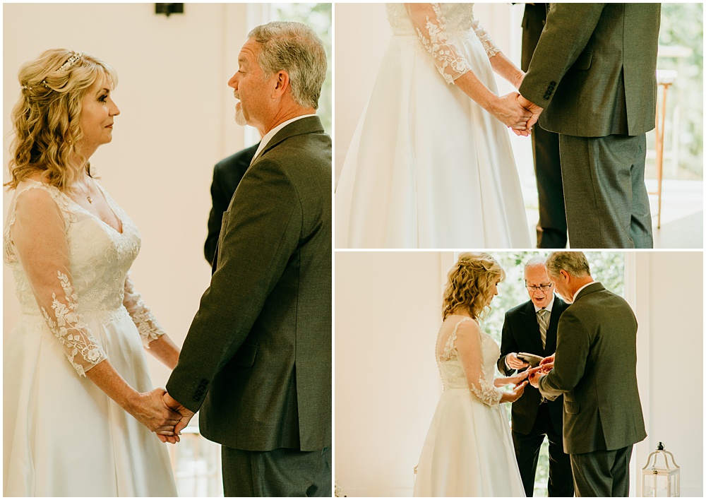 flowery branch wedding photographer takes pictures of the wedding ceremony at Juliette Chapel, a wedding venue in Dahlonega, Ga, hidden wooded wedding venue 