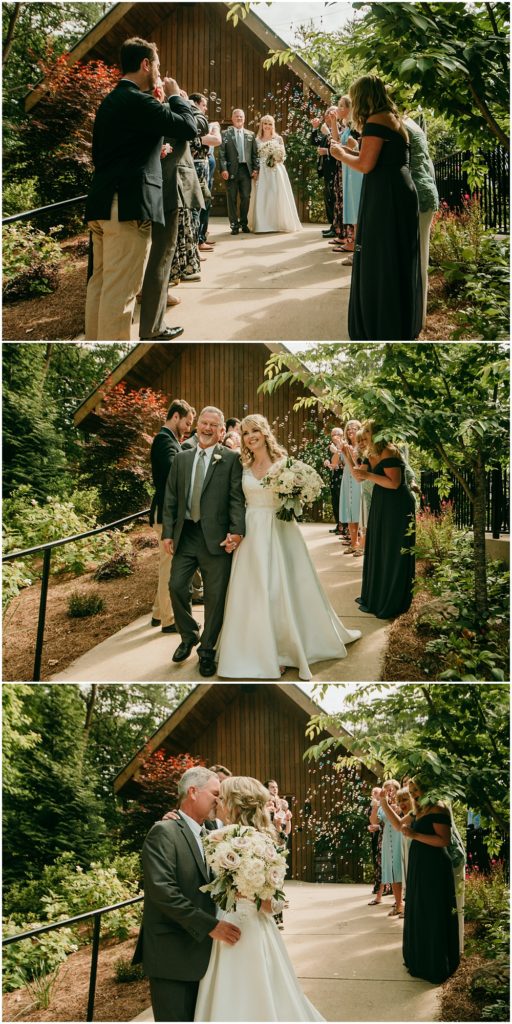 flowery branch wedding photographer takes pictures of the Bride and Grooms exit at Juliette Chapel, a wedding venue in Dahlonega, Ga, hidden wooded wedding venue 