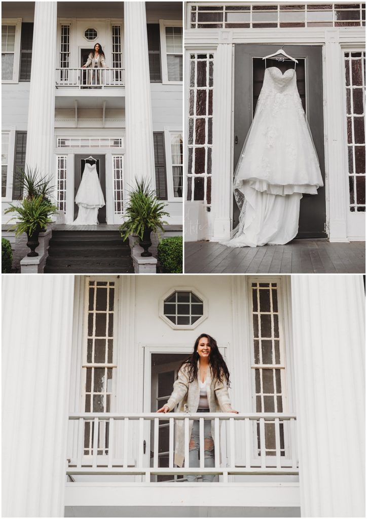 Bride's wedding dress hanging on the door of the front porch at Englund Estate Venue in Georgia 