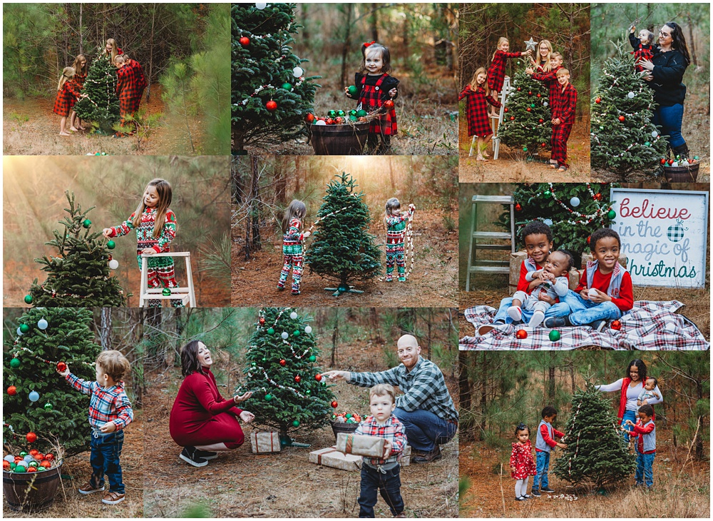 christmas mini session. Several families decorating a kids Christmas tree. 