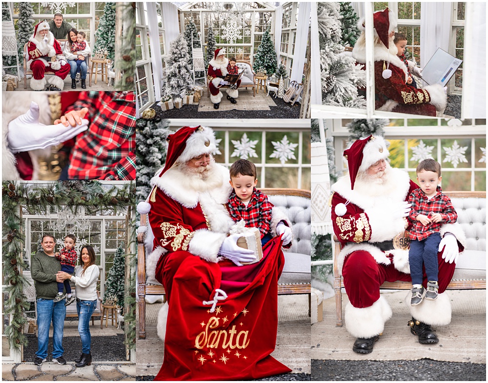 Santa Christmas Mini session. Several kids visiting Santa in a greenhouse at Prospect Farms. 