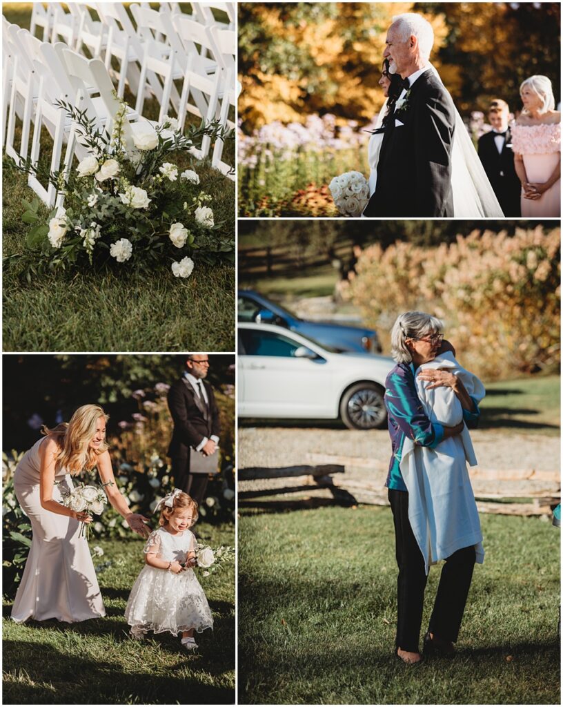 wedding at Half Mile Farm Venue in highlands, North Carolina. Dad walks daugher down the aisle. Grandma holds baby during ceremony and bridesmaid helps flower girl stand up front. 