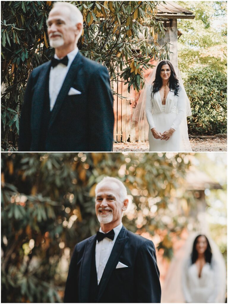 first look with dad. wedding at Half Mile Farm Venue in highlands, North Carolina. Photo by Paul Ashton Photography