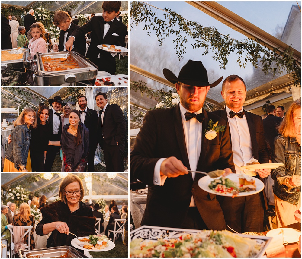 wedding at Half Mile Farm Venue in highlands, North Carolina. Photos of guests lined up to eat at the reception. Photo by Paul Ashton Photography