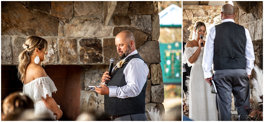 the bride and groom saying their vows during their wedding ceremony at sterling on the lake in flowery branch ga 