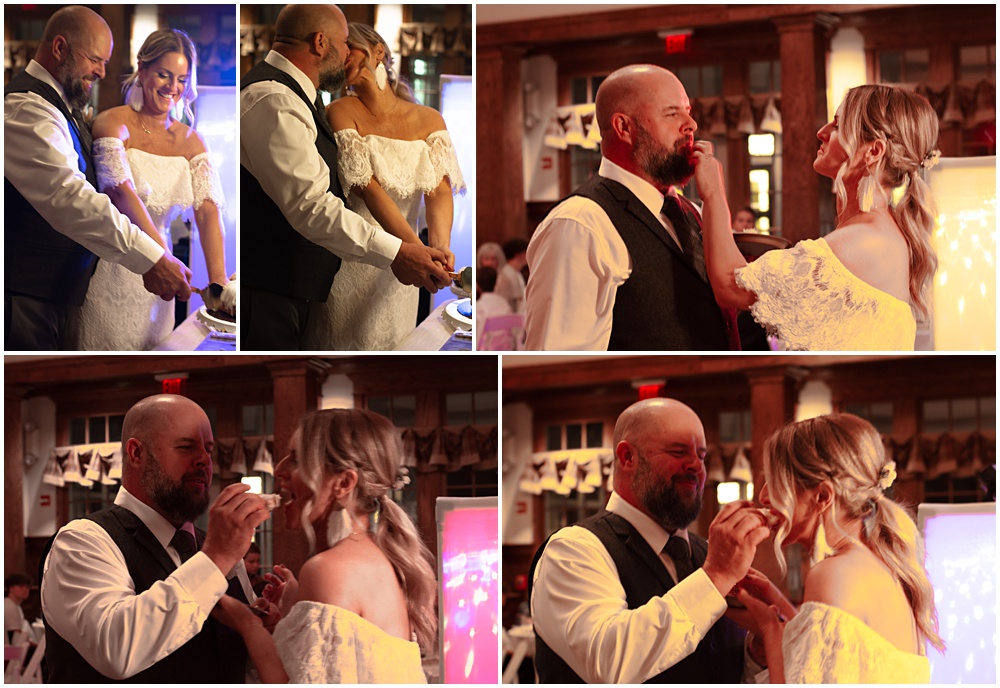 bride and groom cutting the cake during their wedding reception at sterling on the lake in flowery branch ga 