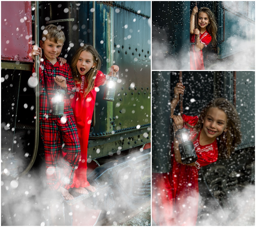 cousins pose with lanterns at Duluth Train Museum for polar express minis. 