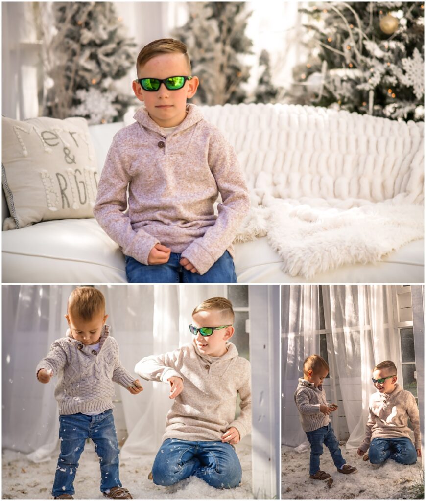 little boys playing with snow during their enchanted greenhouse Christmas session at Mayberry Acres, in Canton, Ga 