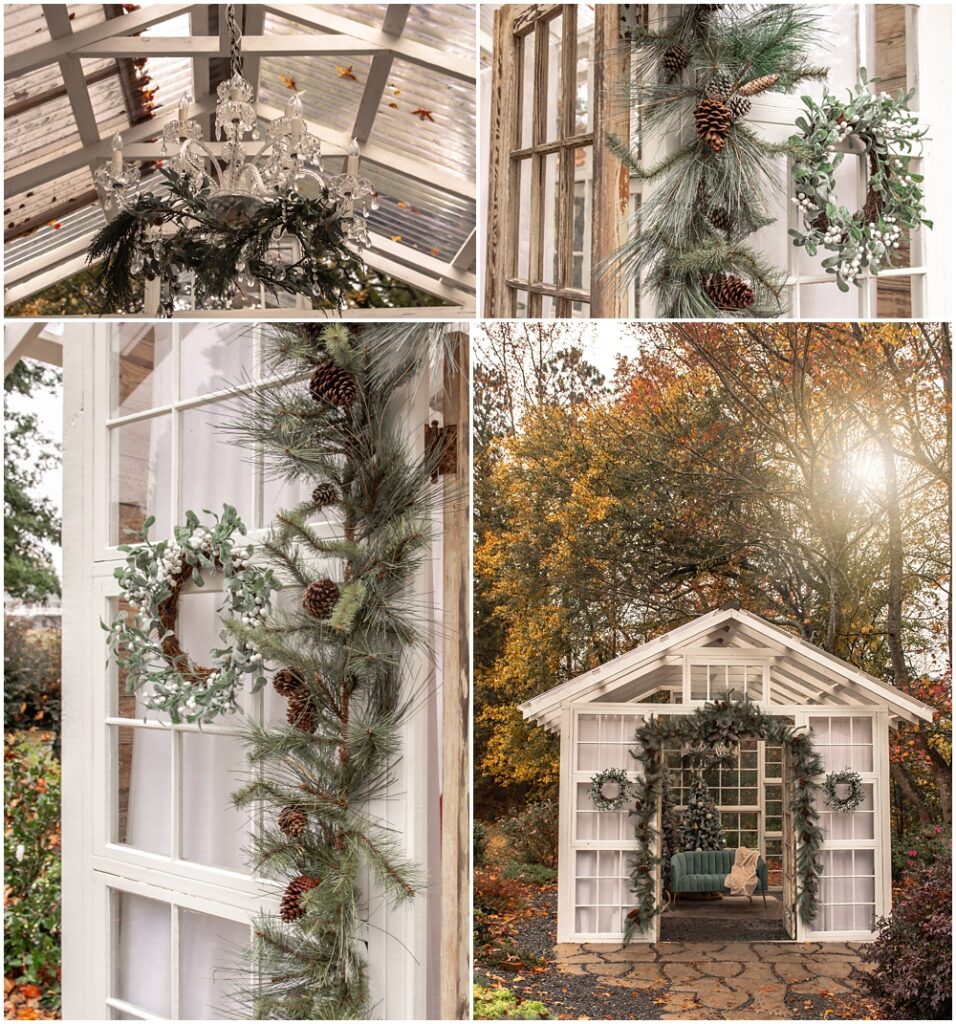 santa minis at prospect farms, lawrenceville, ga. This is the outside decor outside of the greenhouse. There's a lot of greenery and a chandelier. 