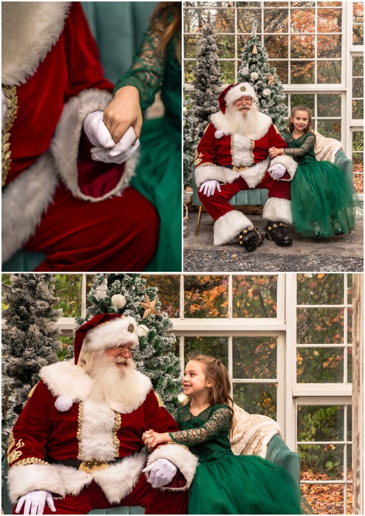 little girl with santa during her santa mini session at prospect farms, in lawrenceville ga 