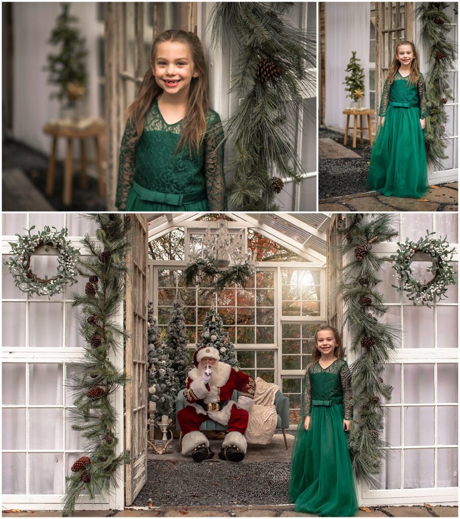 little girl with santa during her santa mini session at prospect farms, in lawrenceville ga 