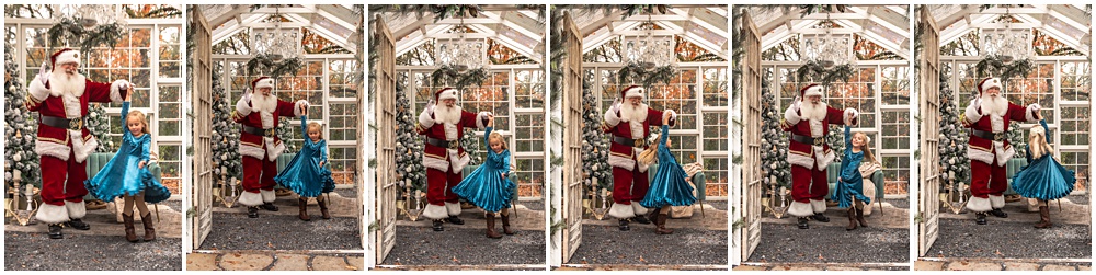 little girl dancing with Santa during her Santa mini session at Prospect Farms, in Lawrenceville, Ga 