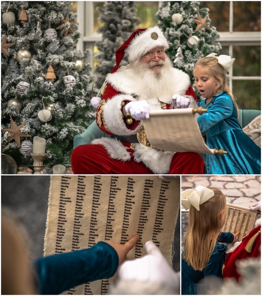 litting girl, sitting next to Santa, finding her name on his scroll during a Santa mini session at Prospect Farms, in Lawrenceville, Ga