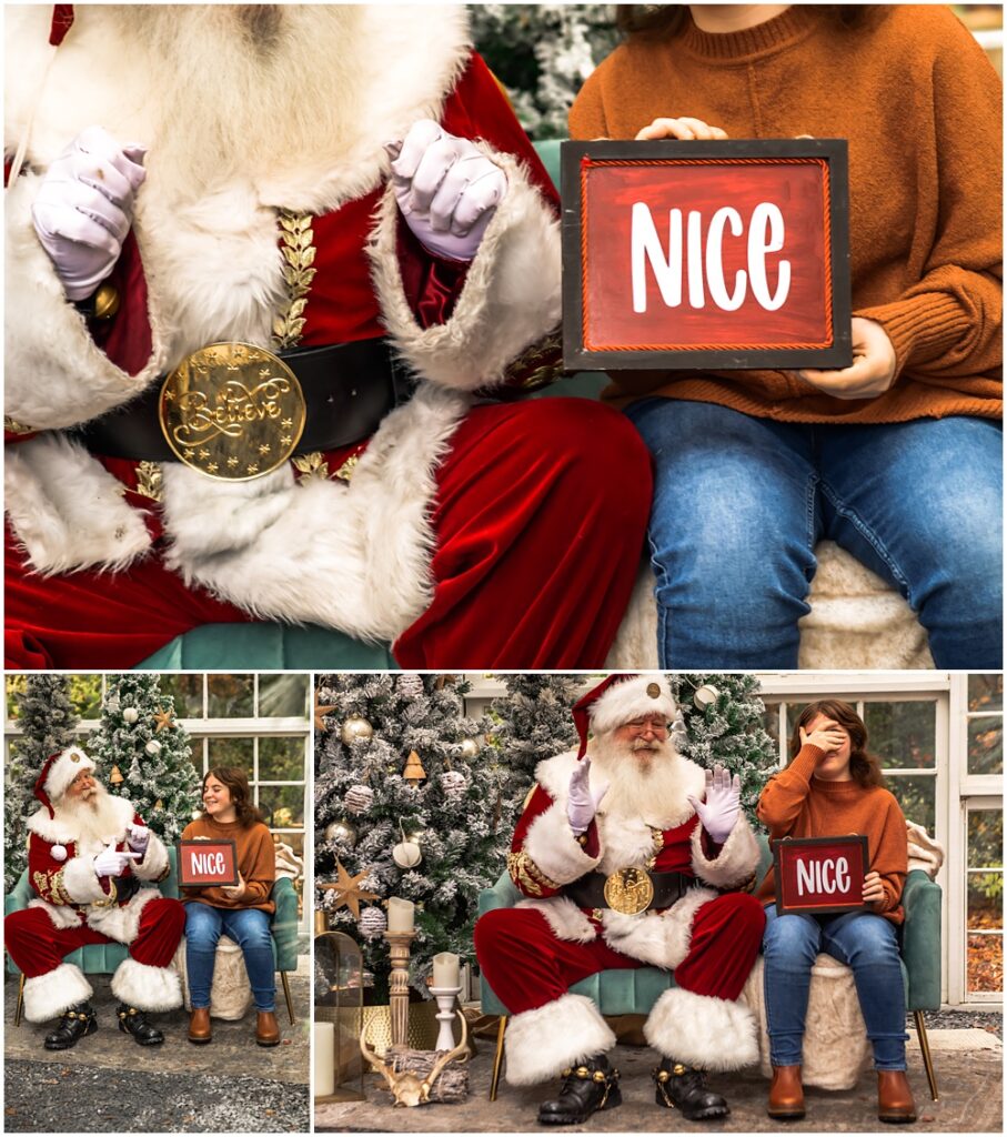 teenager sitting with Santa during a family Santa mini session at Prospect Farms, in Lawrenceville, Ga 