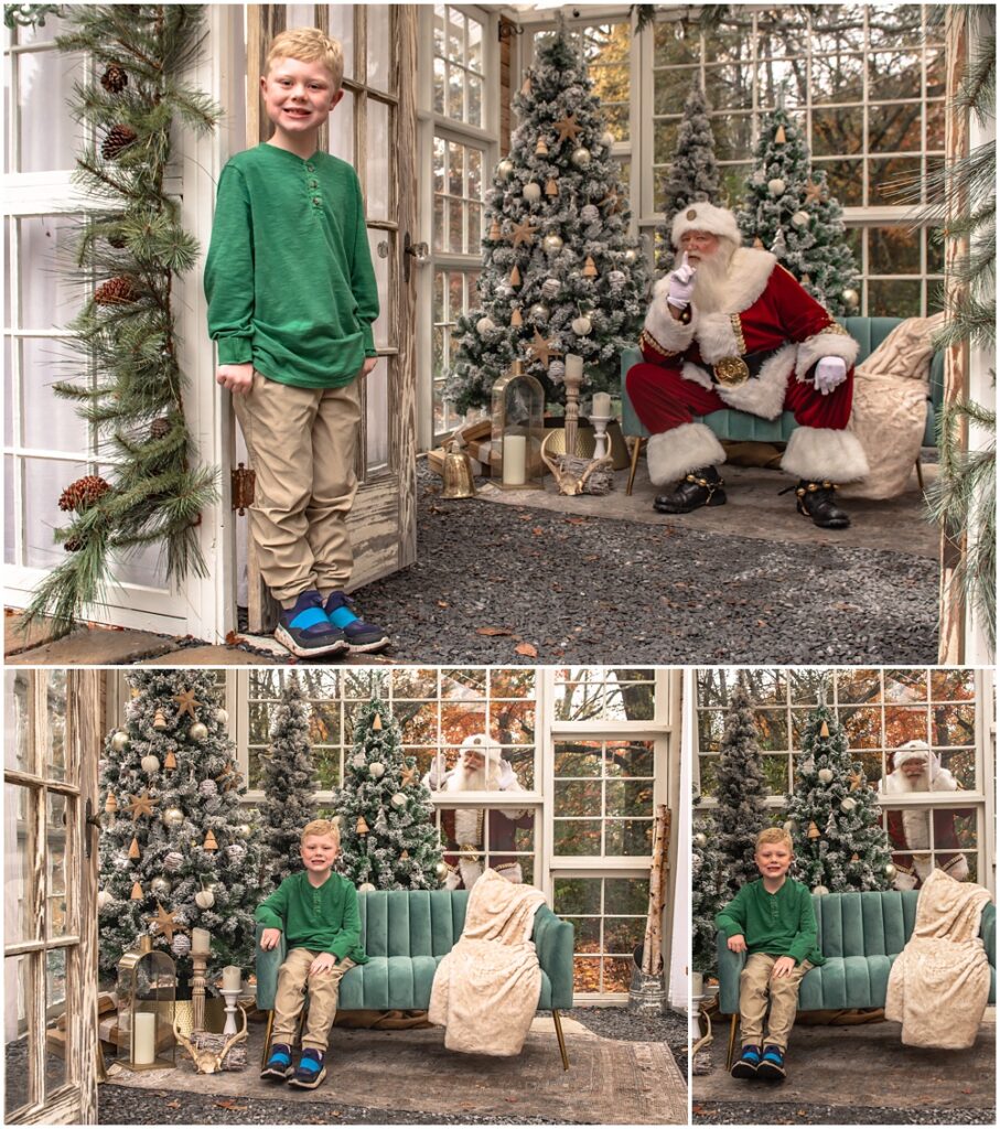 little boy posing with Santa in the background during his Santa session at Prospect Farms, in Lawrenceville, Ga 