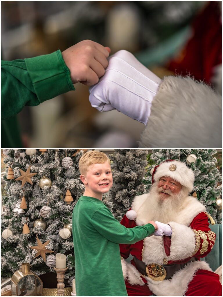 little boy warming up to Santa with a fist bump, during his Santa mini session at Prospect Farms, in Lawrenceville, Ga