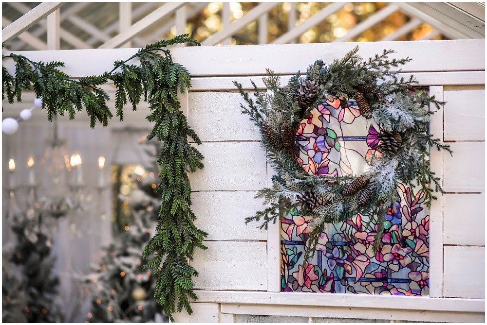 stained glass windows of the enchanted greenhouse Christmas minis at Mayberry Acres in Canton Ga 