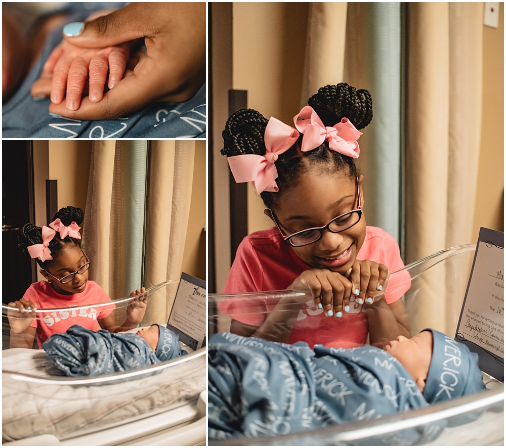 newborn baby at Northeast georgia medical. older siblings stares at the baby during their fresh 48 session in lawrenceville ga