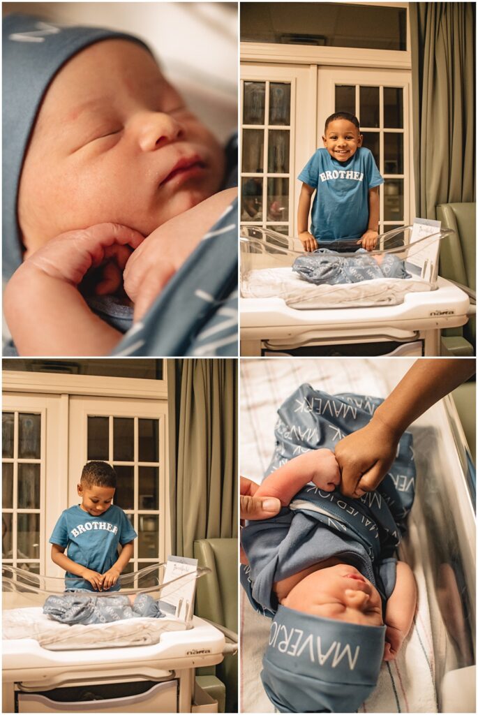 newborn baby at Northeast georgia medical. older sibling stares at the baby during their fresh 48 session in lawrenceville ga