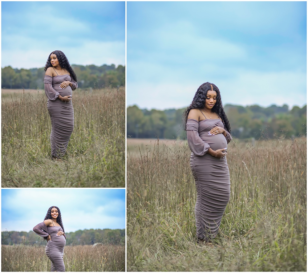 maternity session at Prospect Farms, in Lawrenceville Georgia. Mom to be standing outside in tall grass wearing a long sleeve purple dress. 