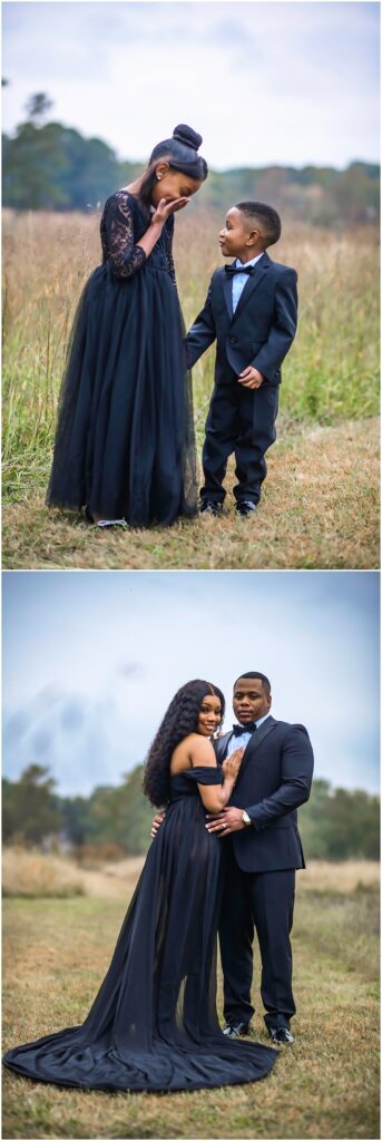 maternity session at Prospect Farms, in Lawrenceville Georgia. Mom and dad are outside in tall grass wearing a long sleeve purple dress and a suit. 