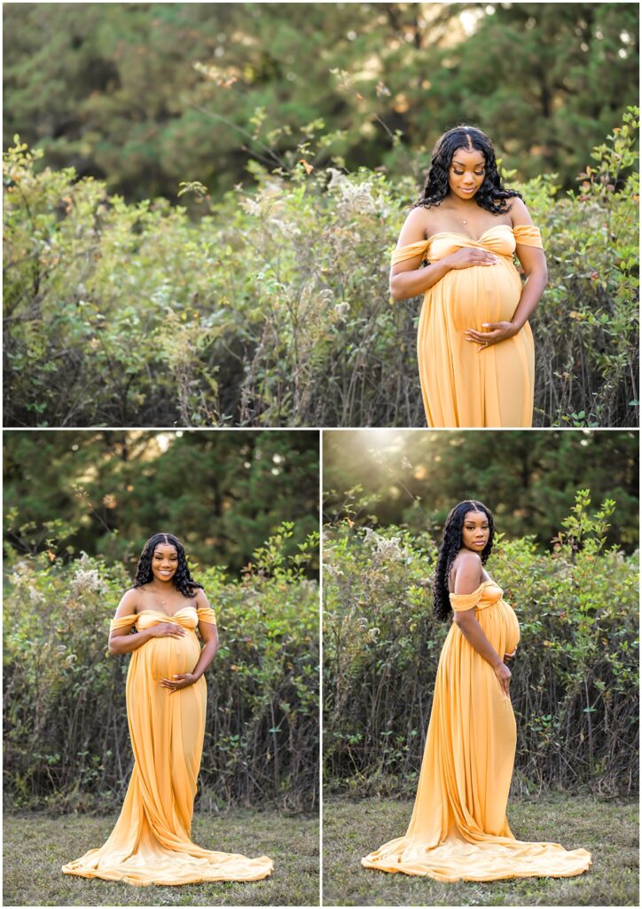 maternity session at Gerrard Landing Park in Roswell, Georgia. Mom is wearing a long, flowy, yellow gown, while standing infront of tall bushes. 