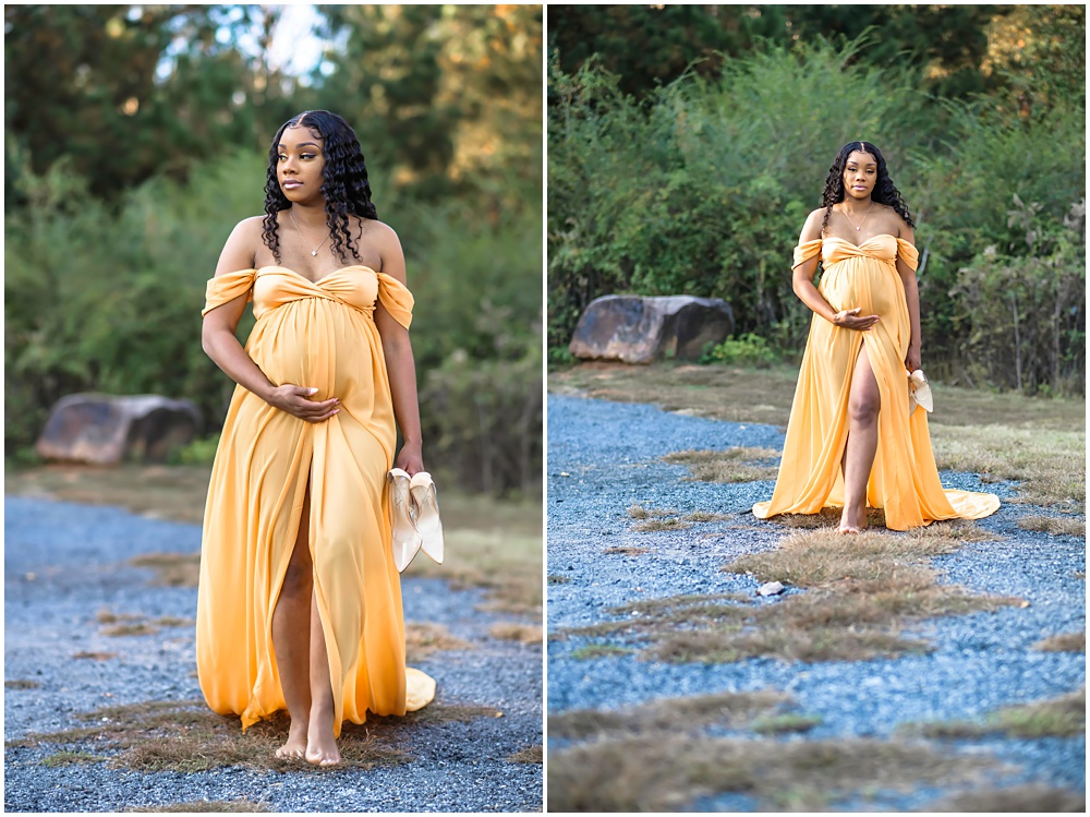 maternity session at Gerrard Landing Park in Roswell, Georgia. Mom is wearing a long, flowy, yellow gown, walking down a gravel path. 