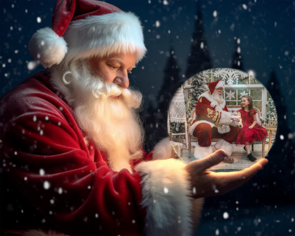 composite of a santa mini session inside of a snow globe