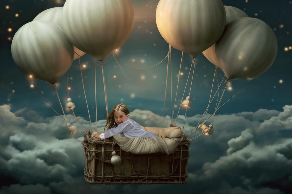 composite of girl in hot air balloon