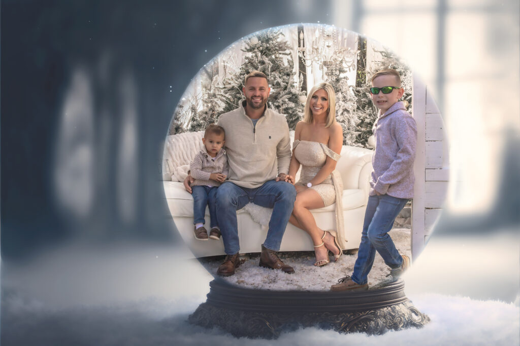 composite of family mini session inside of a snow globe for christmas minis 