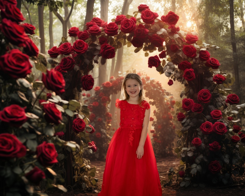 valentines composite of a girl beside flower bush 