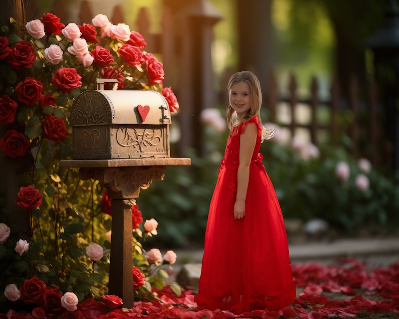 valentines composite of a girl beside flower bush 