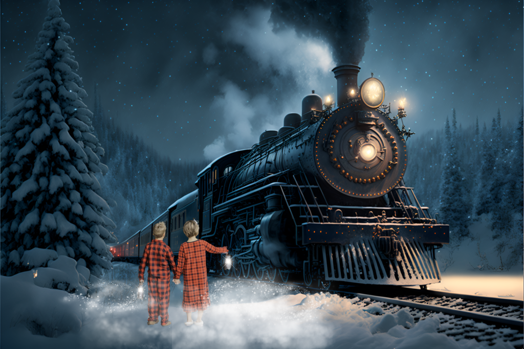 composite of siblings beside train for polar express mini session 