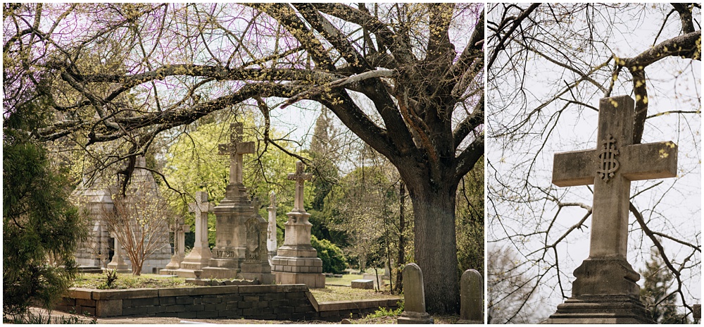 tombstones during an engagement session at Oakland Cemetery in Atlanta georgia. Goth bride 2025