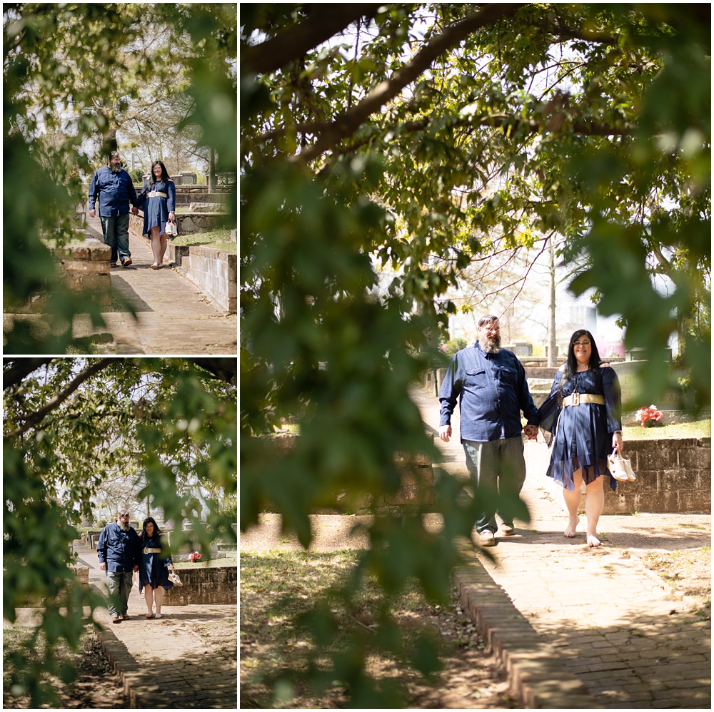 Bride & Groom walking during an engagement session at Oakland Cemetery in Atlanta georgia. Goth bride 2025