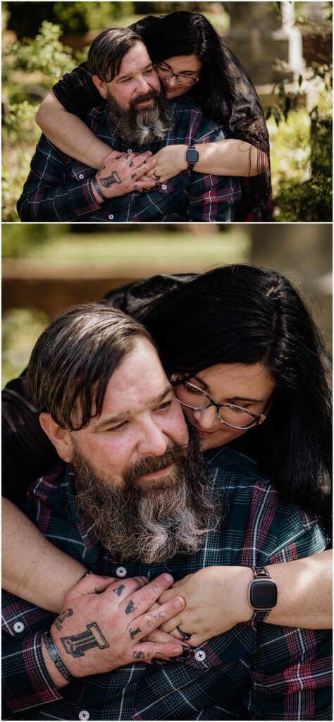 Bride & Groom posing during an engagement session at Oakland Cemetery in Atlanta georgia. Goth bride 2025