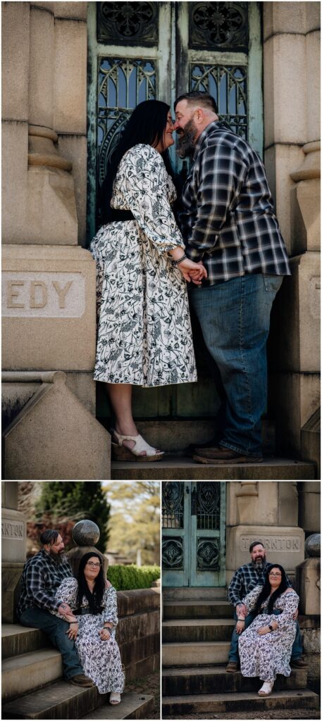 Bride & Groom posing on steps during an engagement session at Oakland Cemetery in Atlanta georgia. Goth bride 2025