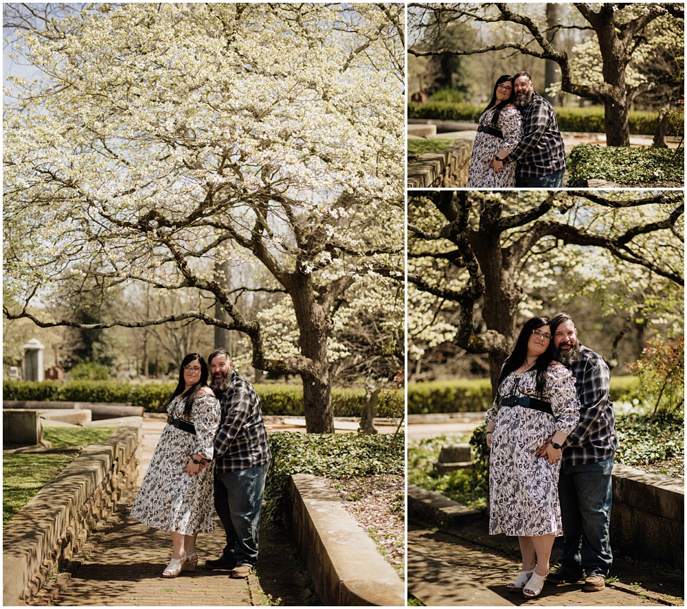 Bride & Groom posing under tree during an engagement session at Oakland Cemetery in Atlanta georgia. Goth bride 2025