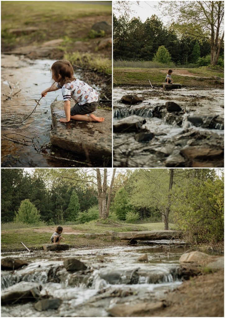 little boy playing on a rock near a creek during his mommy and me session at Gerrard landing park 