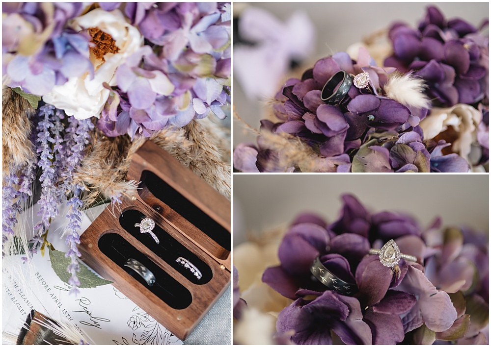 atlanta wedding photographer photographs wedding details. The wedding rings lay on top of the bouquet petals as well as sit in their ring box. 