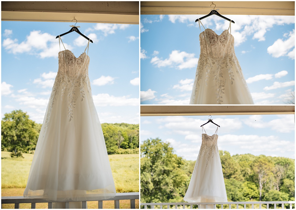 North Georgia photographer photographs the Bride's wedding dress on the front porch of their intimate wedding