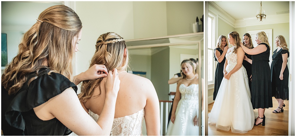 North Georgia photographer photographs the Bridemaids helping the Bride put her necklace on 