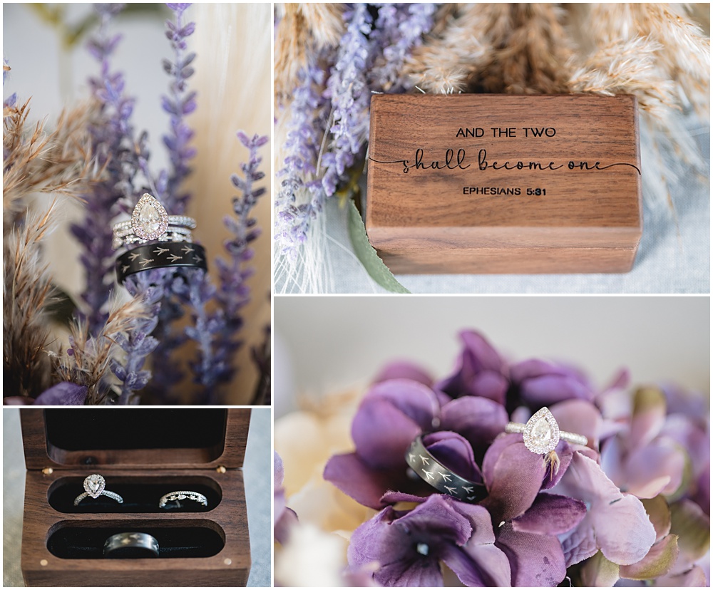 North Georgia photographer photographs the wedding details including the wedding bouquet and wedding rings