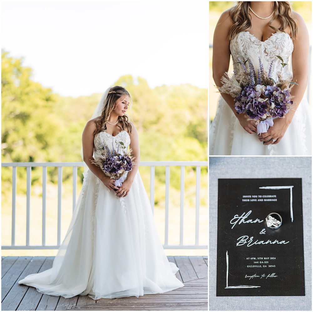 North Georgia photographer photographs the Bride with her wedding bouquet and the wedding invitation