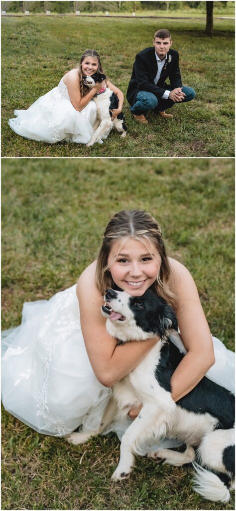 North Georgia photographer photographs a wedding in the country for a young couple in the north Georgia mountains. Photographed here is the Bride hugging her dog. 