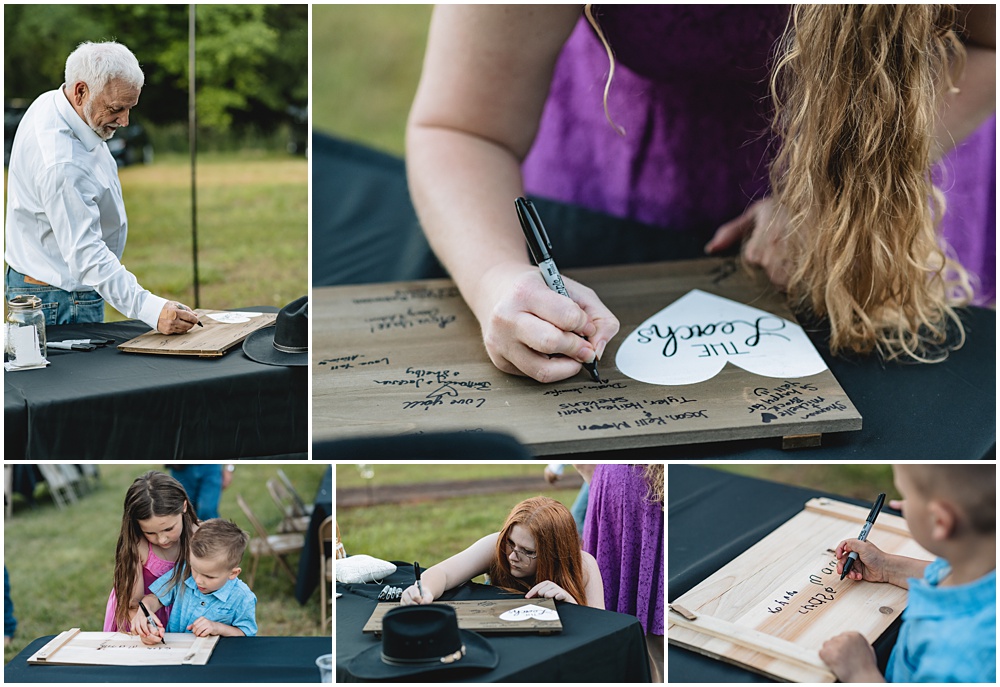 North Georgia photographer photographs a wedding in the country for a young couple in the north Georgia mountains. Photographed here are the guests signing a board for the Bride and Groom 