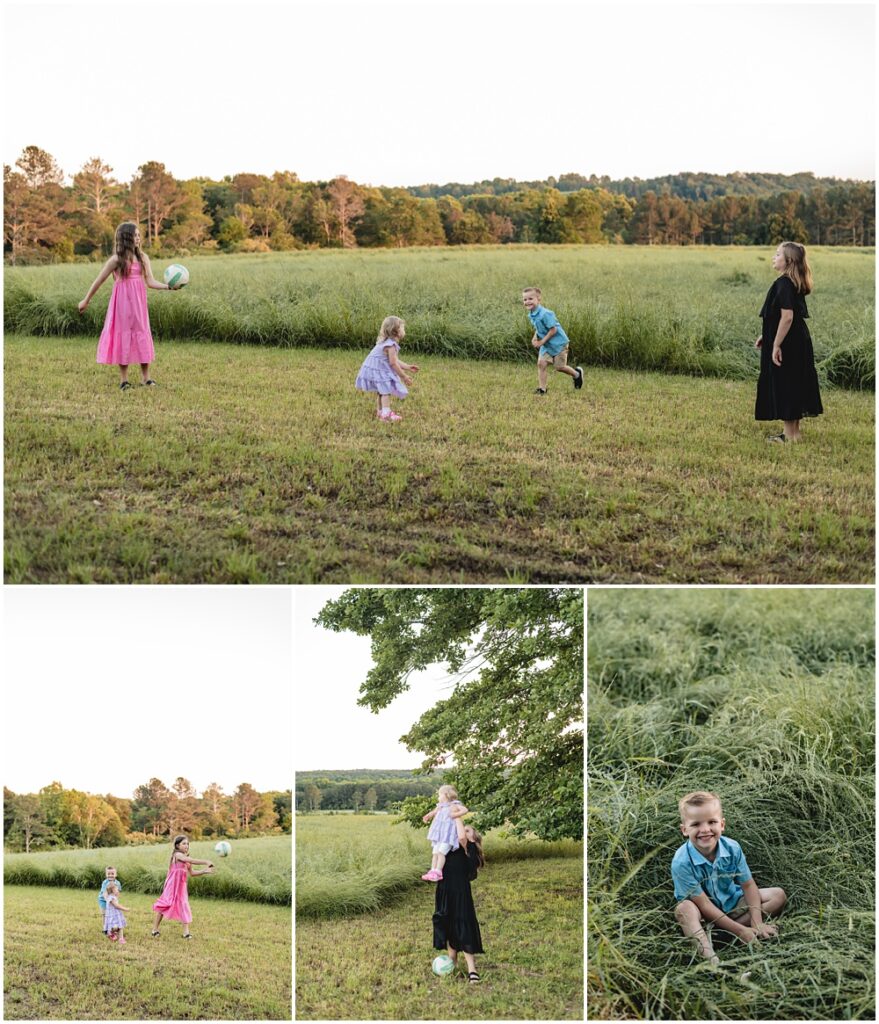 North Georgia photographer photographs a wedding in the country for a young couple in the north Georgia mountains. Photographed here are kids playing ball out in the field during the wedding reception